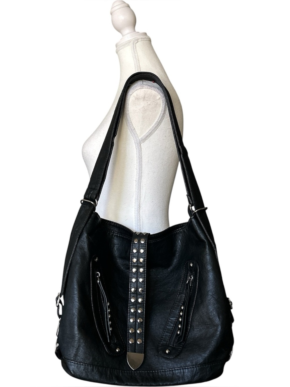 Y2K Grunge “Warehouse One” Black & Silver Faux Leather Hobo Style Shoulder Bag